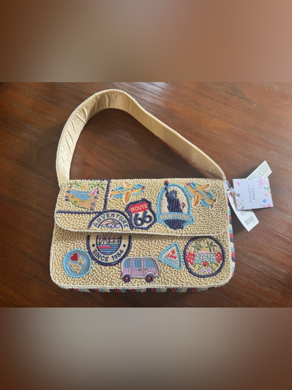 Beaded Patchwork Shoulder Bag in Gold-NWT
